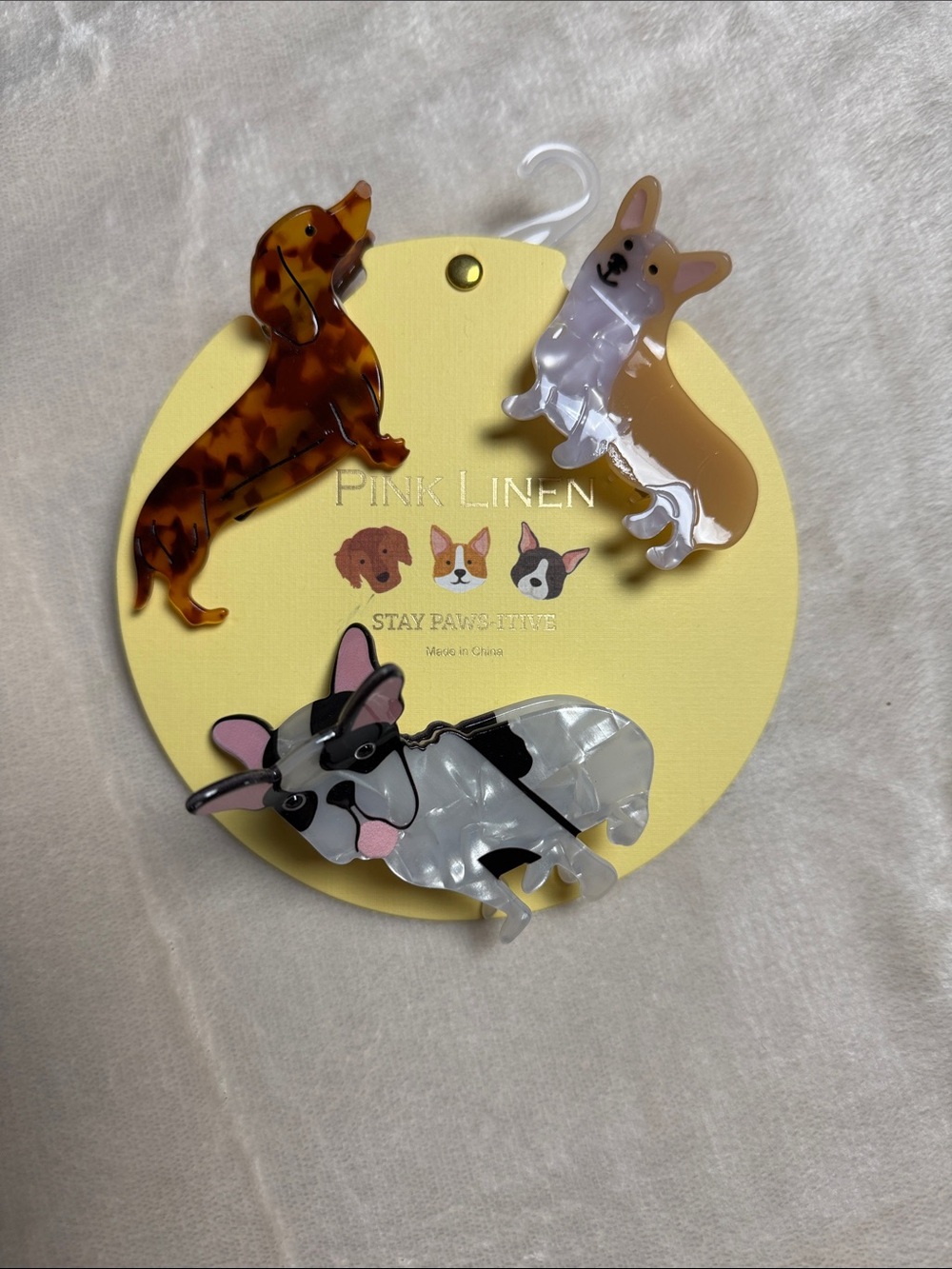Pink Linen Dog 3 Hair Clips- Corgi, Boston Terrier, Dachshund